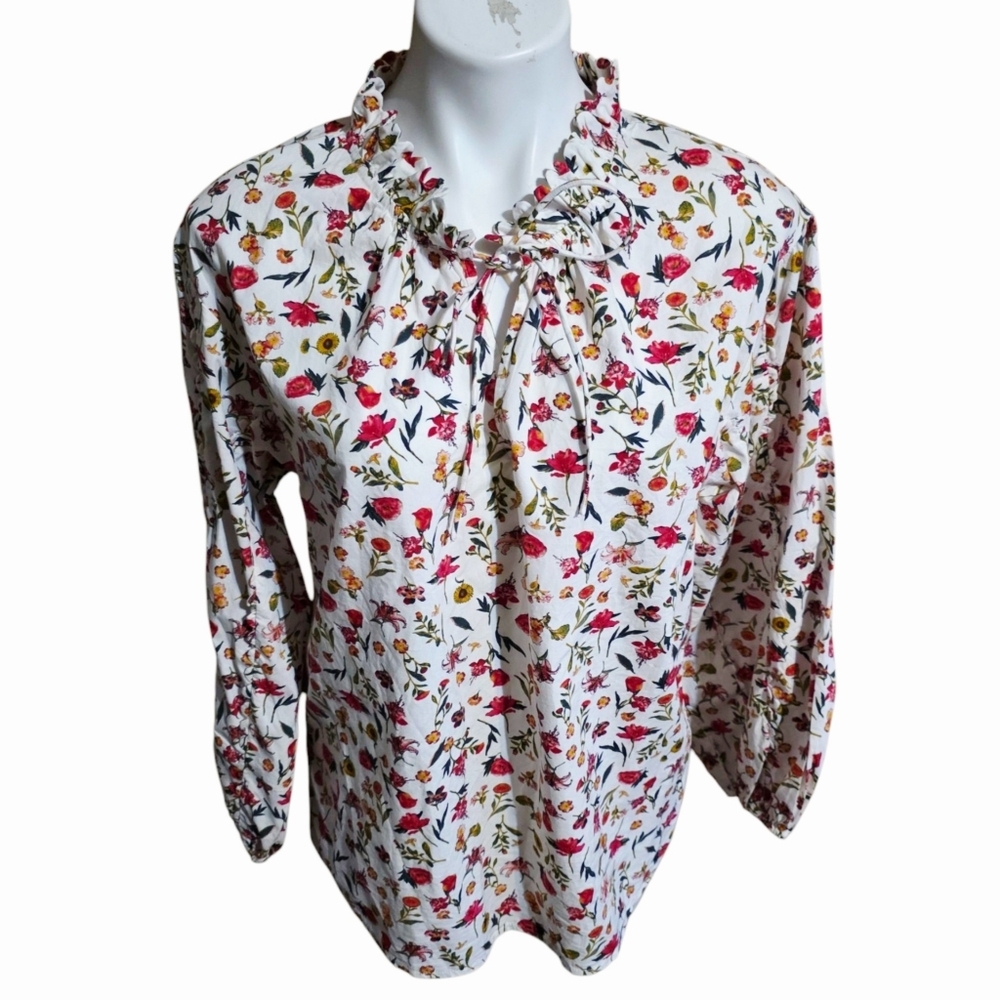 J.Crew Scalloped Tie Neck Top In Vintage Floral White Size M - Picture 4 of 15
